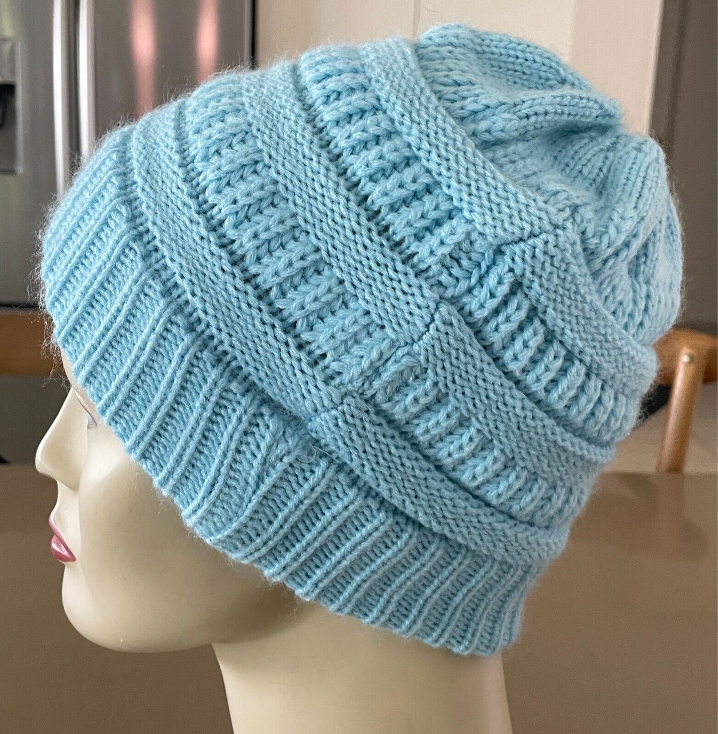 Light Blue Decorative Knit Stitch Ponytail Beanie Size 57cm Acrylic AU PREM