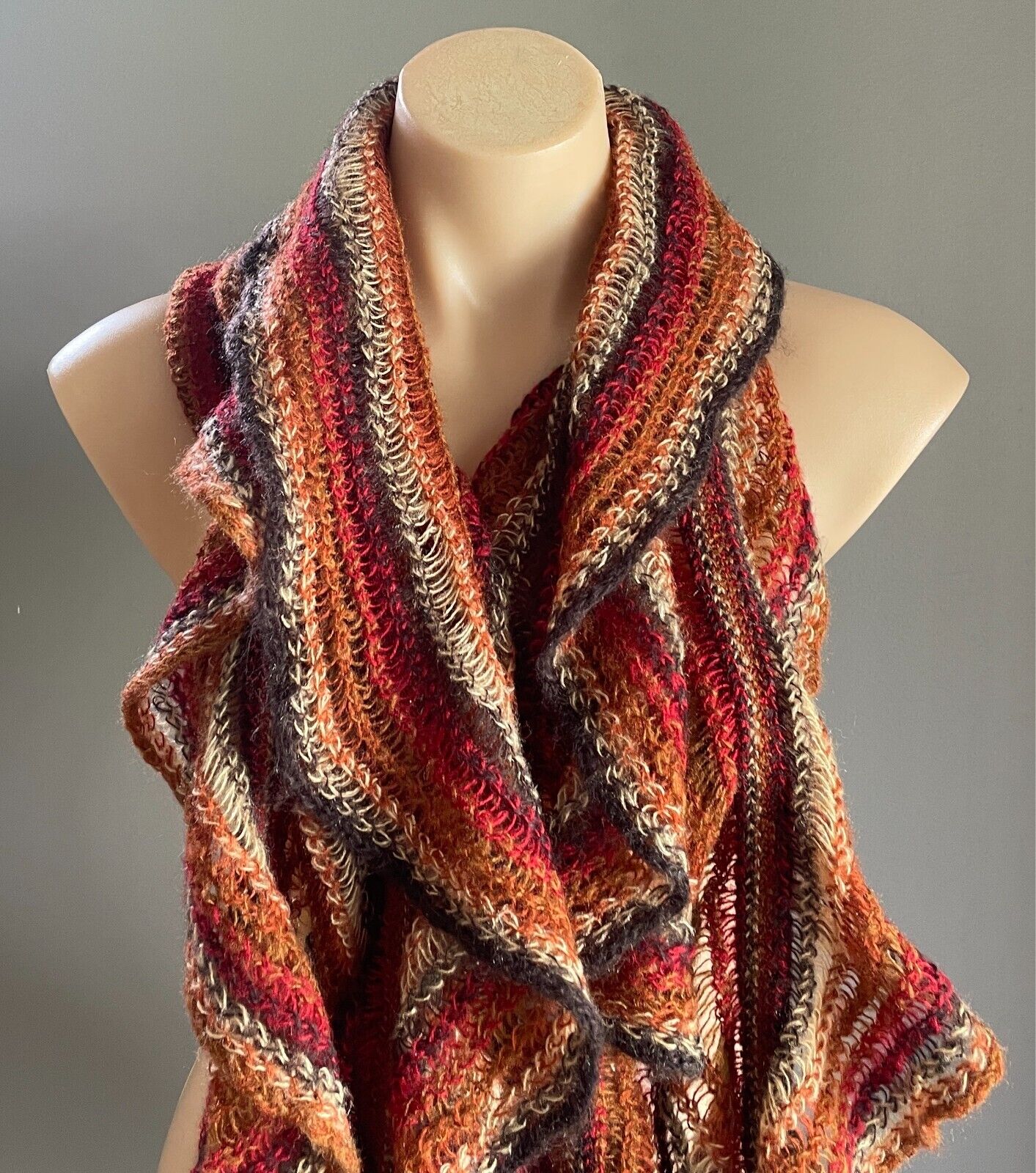 JENDI Neck Scarf Ruched Acrylic Decorative Stitch Knit Browns & Burgundy Boho