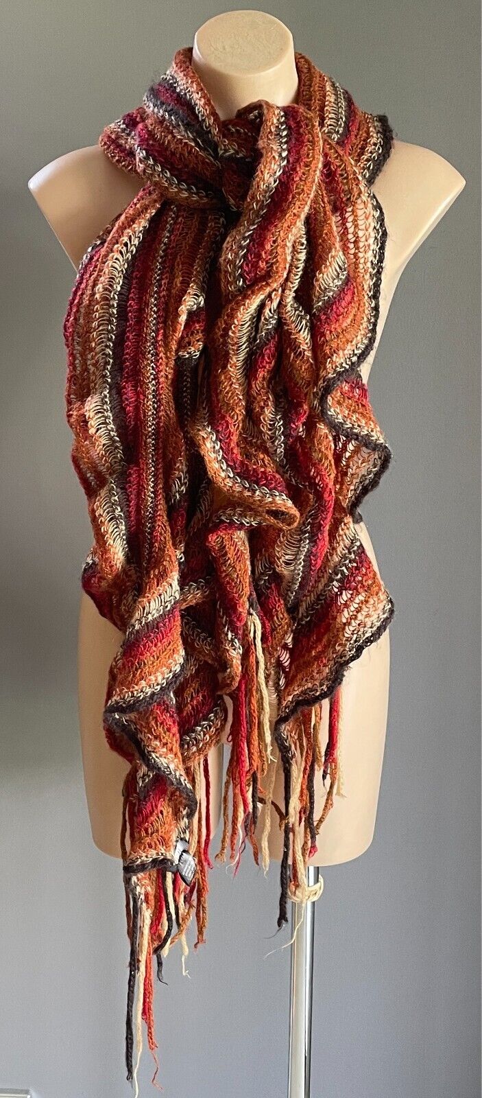 JENDI Neck Scarf Ruched Acrylic Decorative Stitch Knit Browns & Burgundy Boho