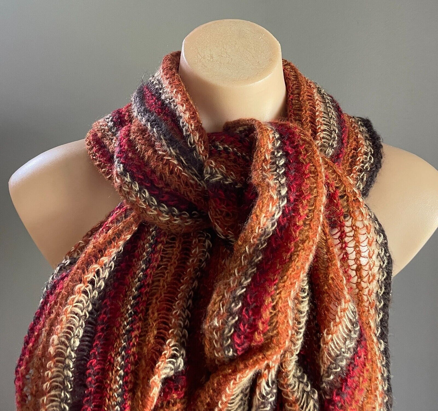 JENDI Neck Scarf Ruched Acrylic Decorative Stitch Knit Browns & Burgundy Boho