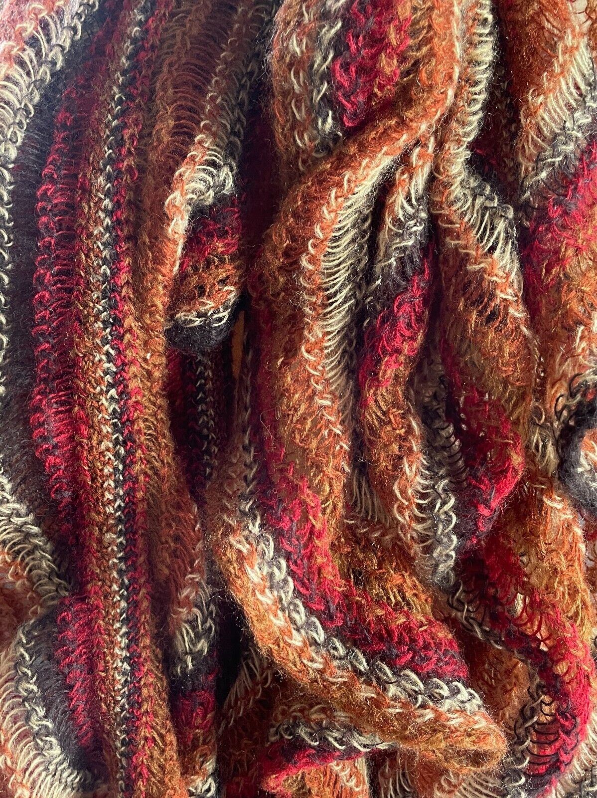 JENDI Neck Scarf Ruched Acrylic Decorative Stitch Knit Browns & Burgundy Boho