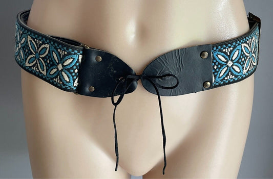 5cm Embroidered Belt Blue White Black Flower Tapestry PU Back Tie Belt 96 l134cm