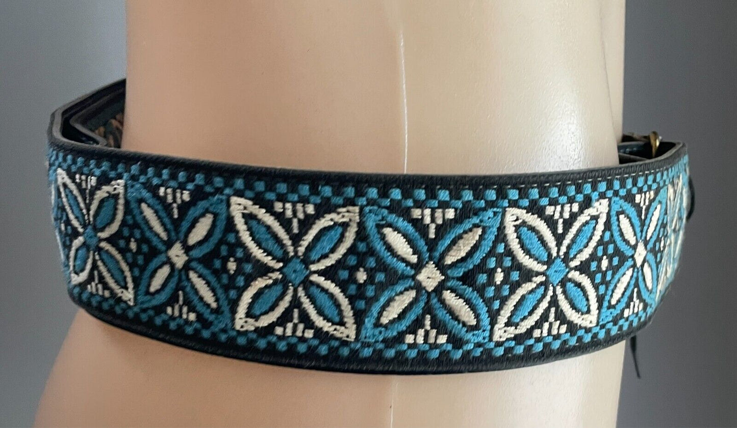 5cm Embroidered Belt Blue White Black Flower Tapestry PU Back Tie Belt 96 l134cm