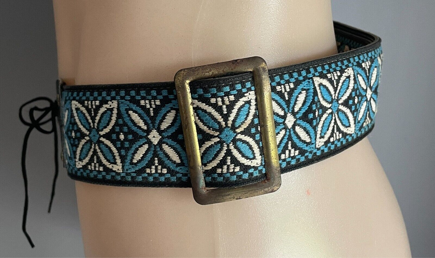 5cm Embroidered Belt Blue White Black Flower Tapestry PU Back Tie Belt 96 l134cm