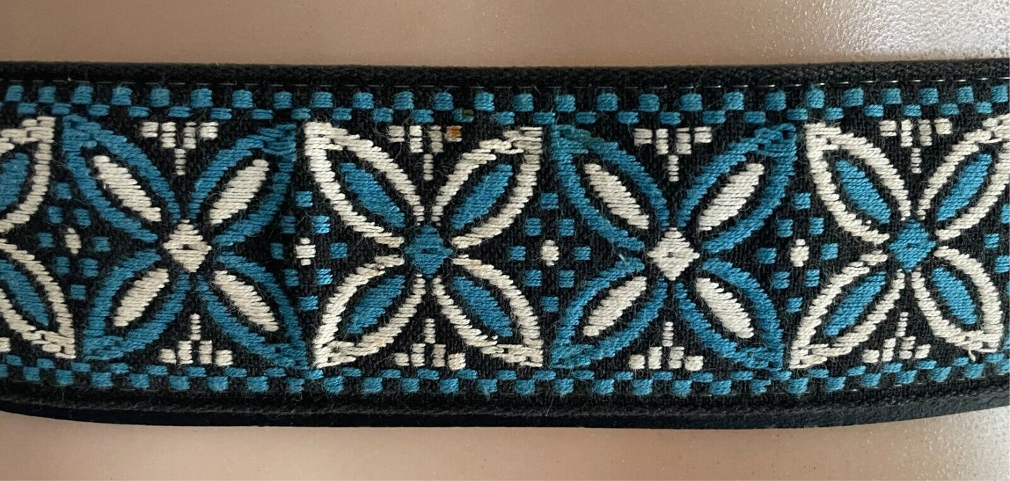5cm Embroidered Belt Blue White Black Flower Tapestry PU Back Tie Belt 96 l134cm