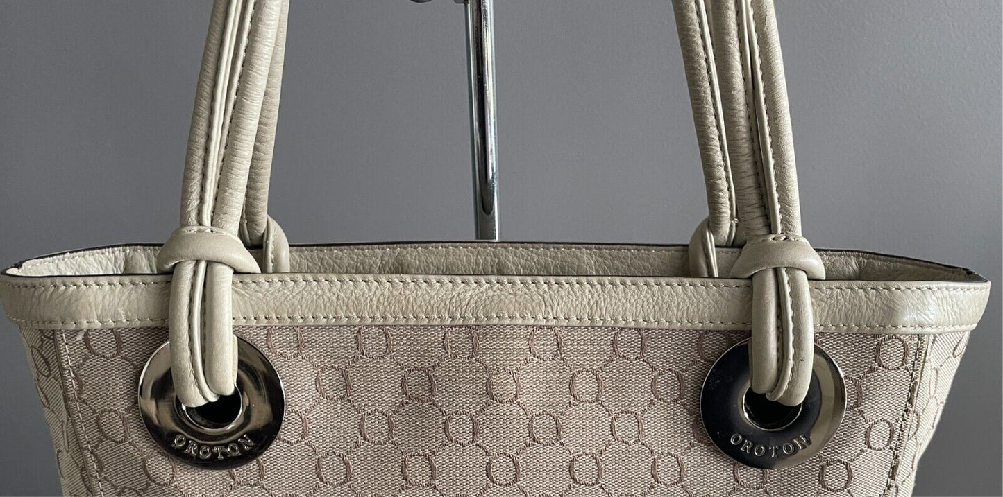 OROTON Cream & Beige Jacquard Monogram Print Tote/Handbag Double Straps Dust Bag