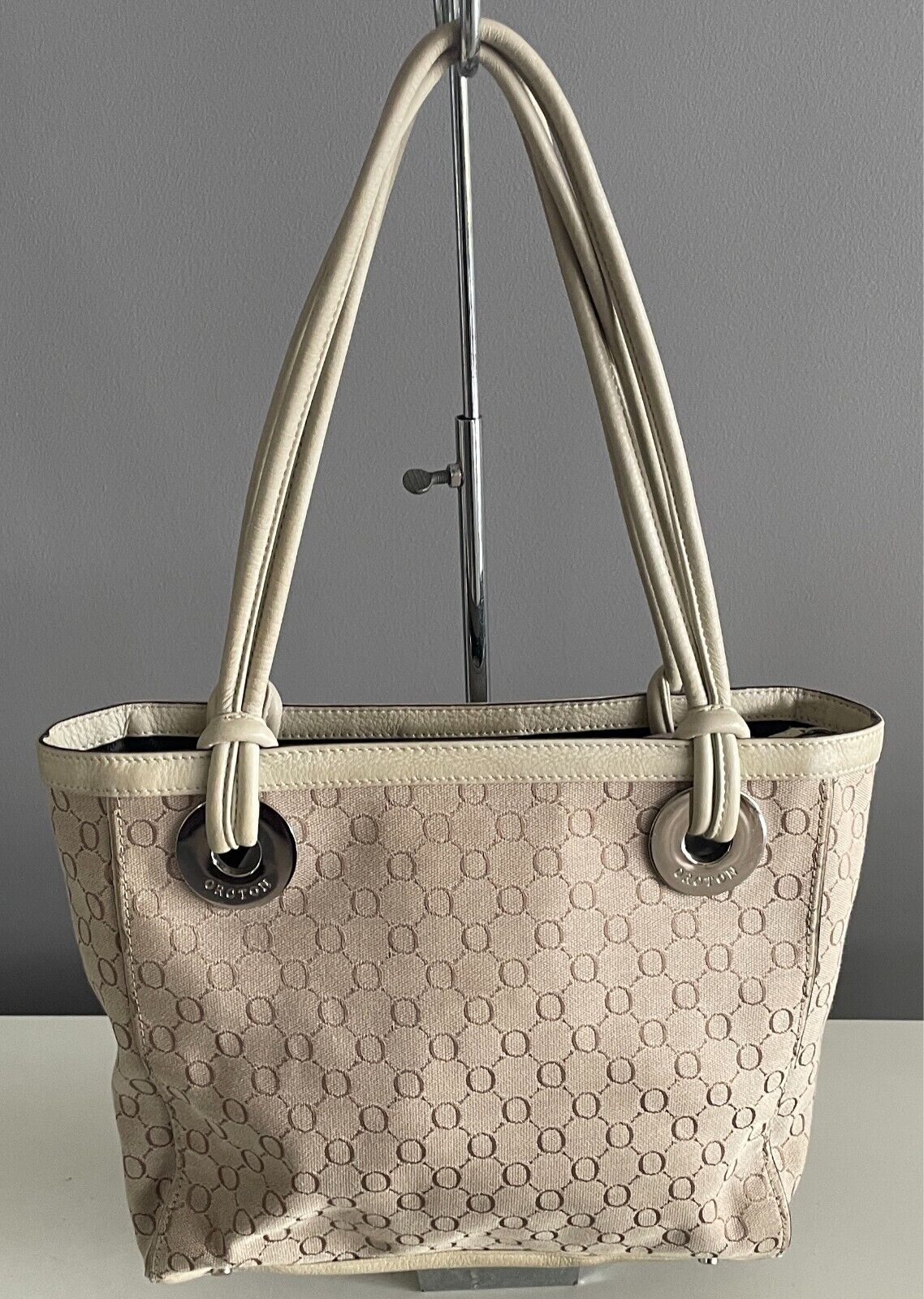 OROTON Cream & Beige Jacquard Monogram Print Tote/Handbag Double Straps Dust Bag