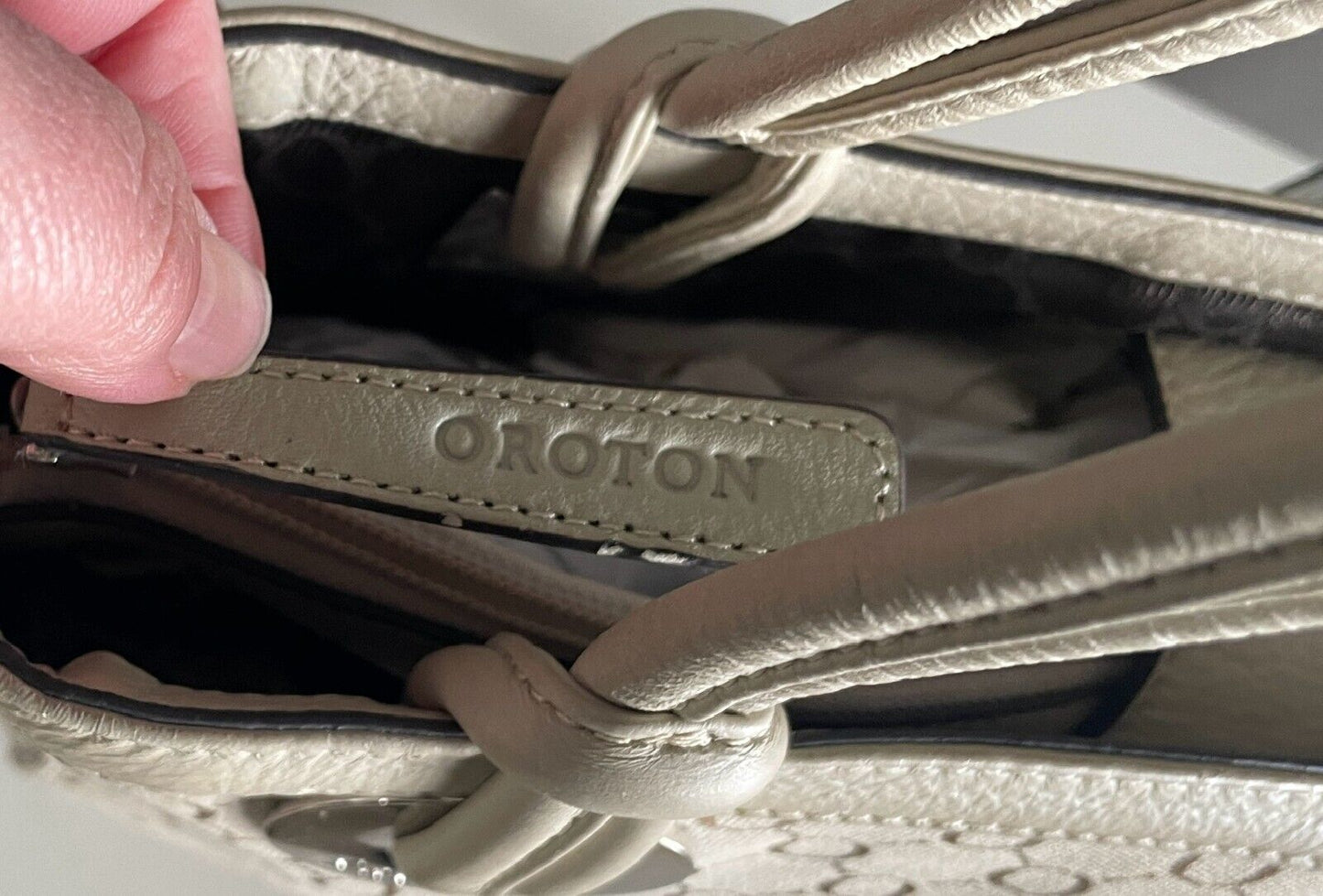 OROTON Cream & Beige Jacquard Monogram Print Tote/Handbag Double Straps Dust Bag