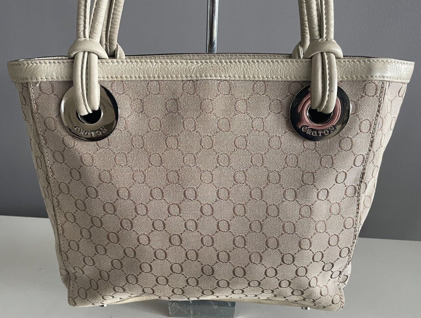 OROTON Cream & Beige Jacquard Monogram Print Tote/Handbag Double Straps Dust Bag