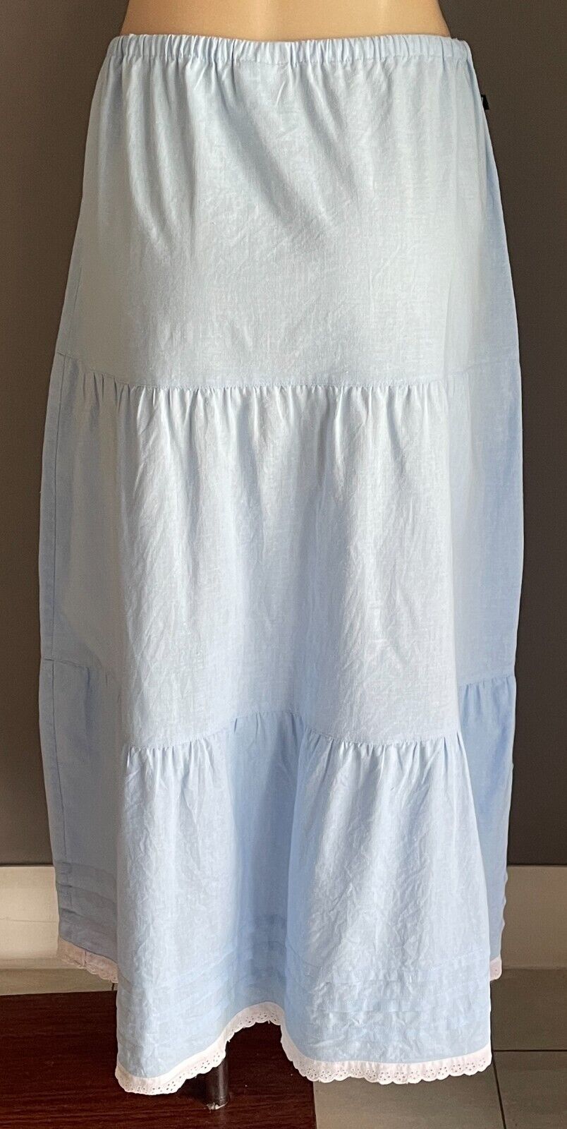 LORNA JANE Maxi Skirt Baby Blue Tier Cotton Size M 12 Lace Trim Drawstring NEW