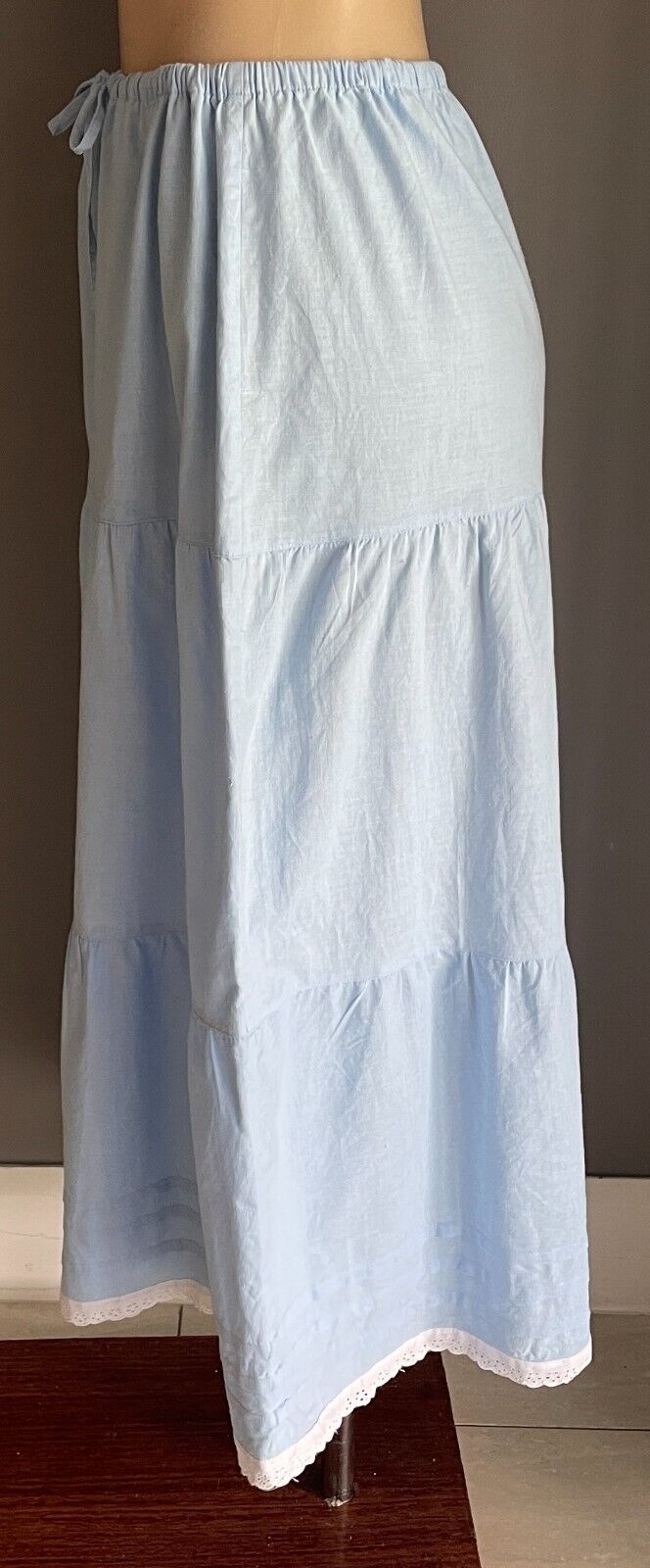 LORNA JANE Maxi Skirt Baby Blue Tier Cotton Size M 12 Lace Trim Drawstring NEW