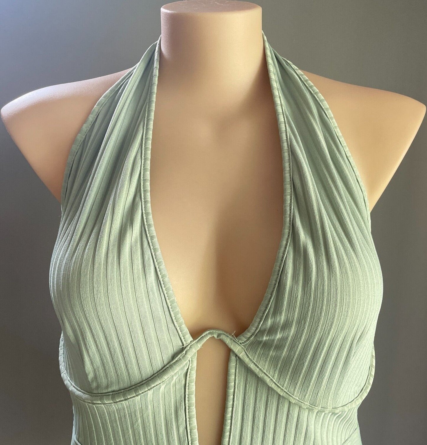 SHEIN CURVE Bodysuit Light Khaki Ribbed Halter Neck Size 2XL 20 Plunging V-Neck