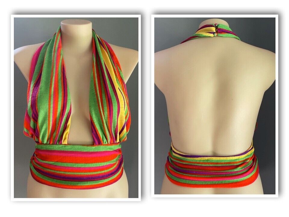 SHEIN CURVE Bright Multicolour Stripe Plunging V-Neck Halter Top Size 3XL 22