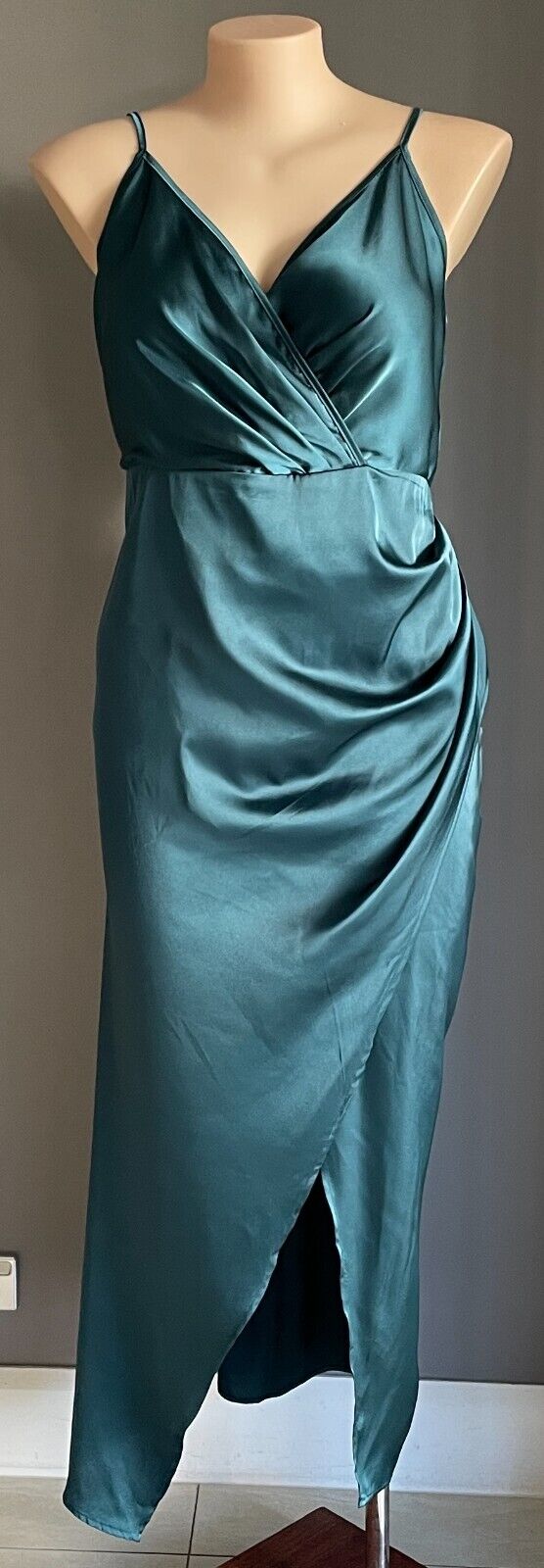 SHEIN CURVE Silky Dress Emerald Faux Wrap Gown Plus Size 3XL 18 Thigh Slit NEW