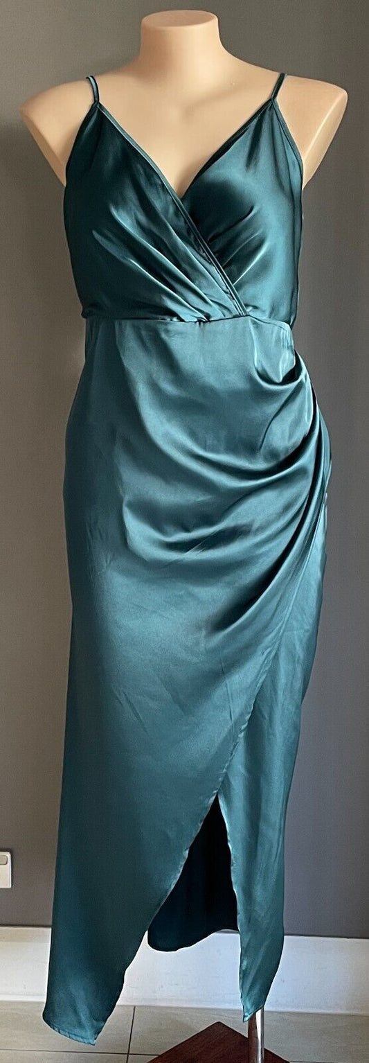 SHEIN CURVE Silky Dress Emerald Faux Wrap Gown Plus Size 3XL 18 Thigh Slit NEW