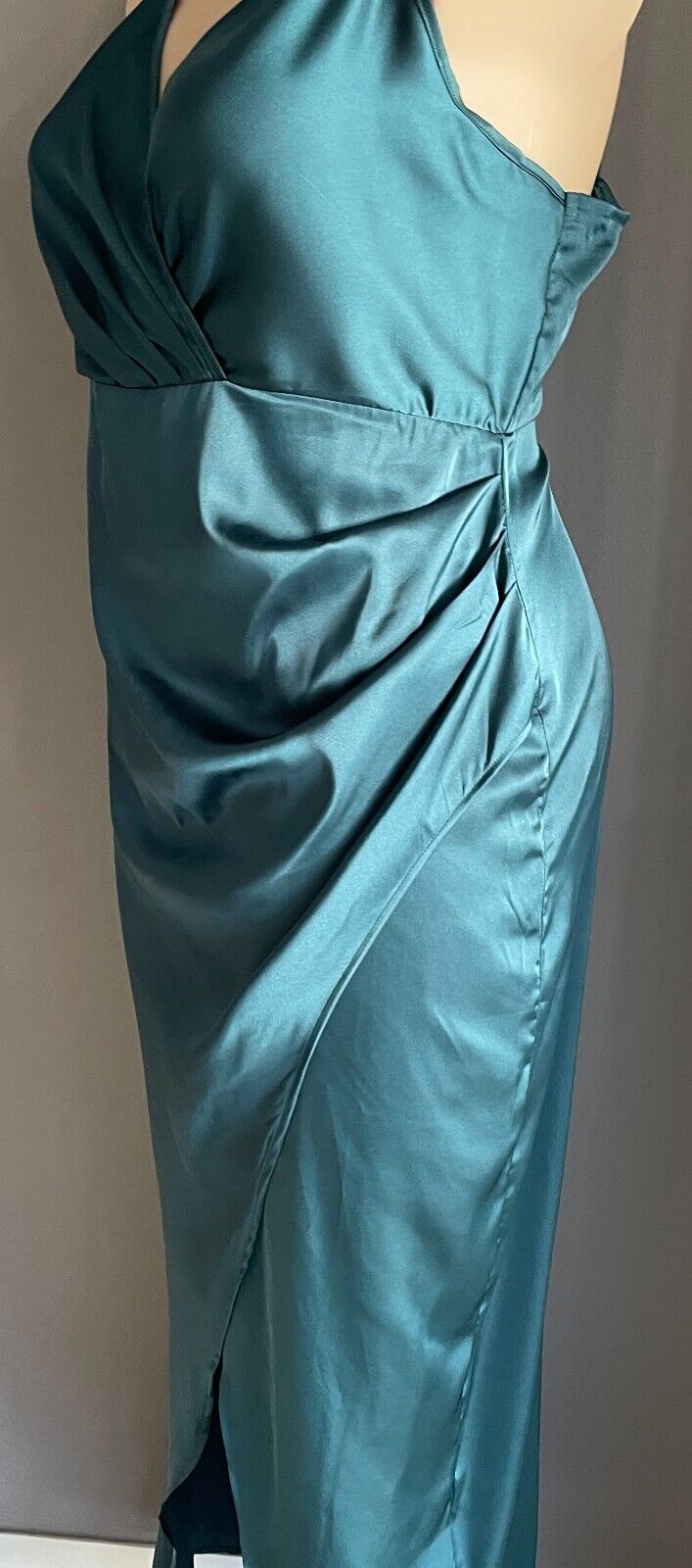 SHEIN CURVE Silky Dress Emerald Faux Wrap Gown Plus Size 3XL 18 Thigh Slit NEW