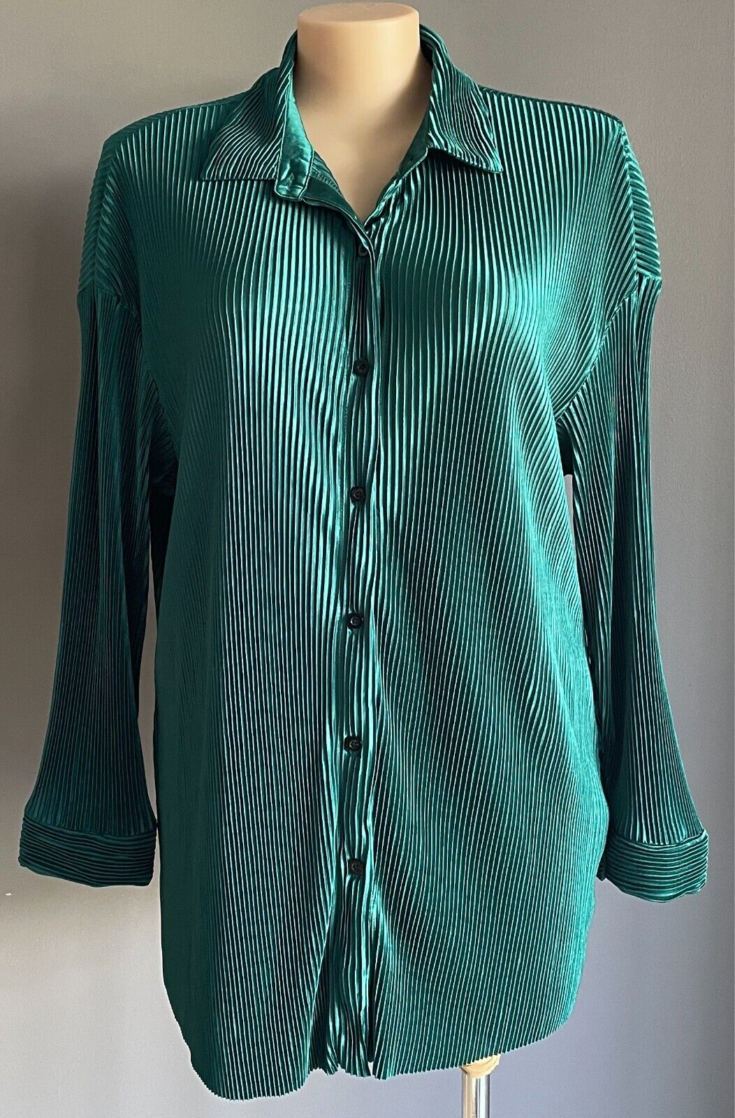 SHEIN CURVE Green Plisse Micro Pleat Blouse Size 3XL 22 Button Up Long Sleeves