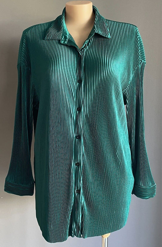 SHEIN CURVE Green Plisse Micro Pleat Blouse Size 3XL 22 Button Up Long Sleeves