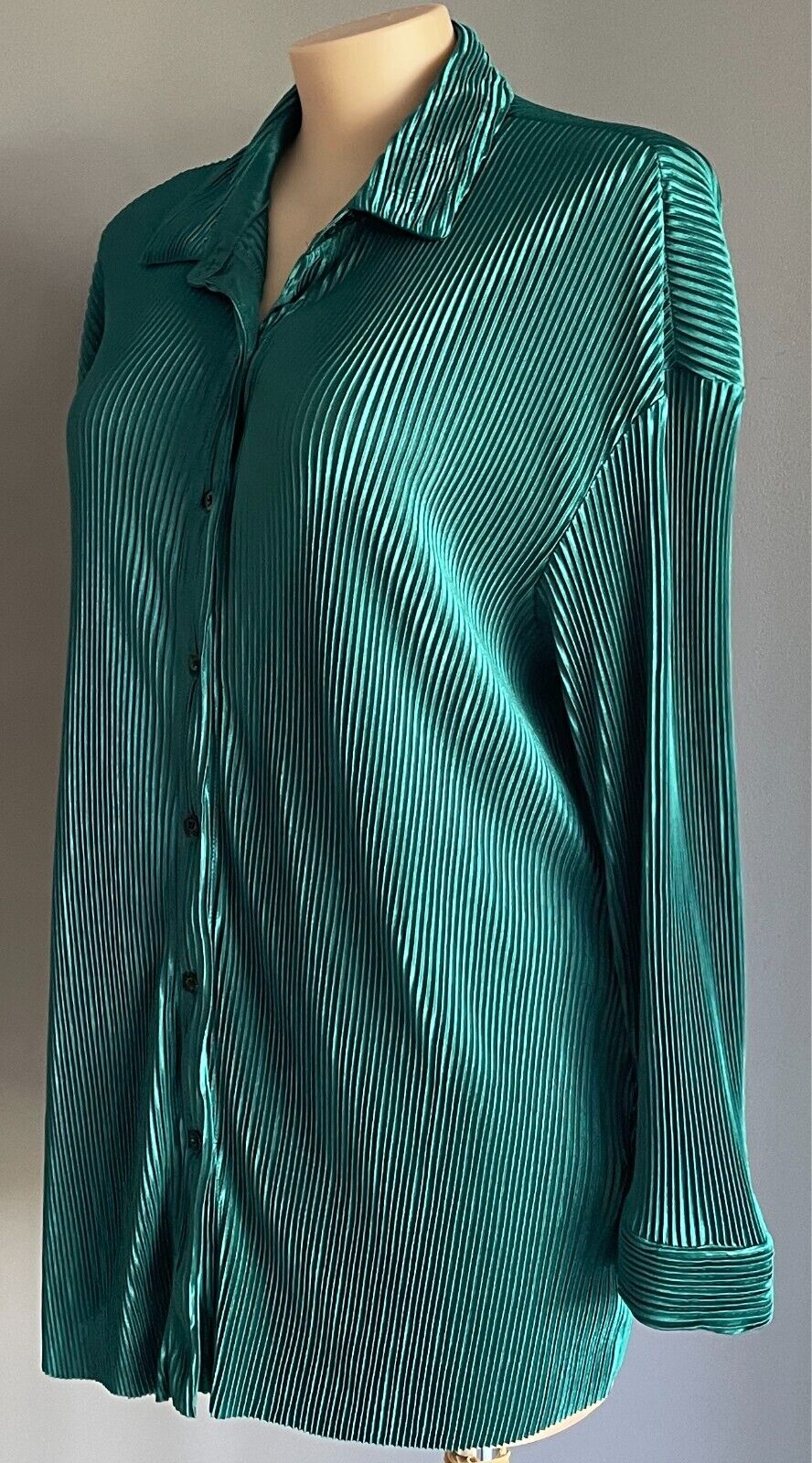 SHEIN CURVE Green Plisse Micro Pleat Blouse Size 3XL 22 Button Up Long Sleeves