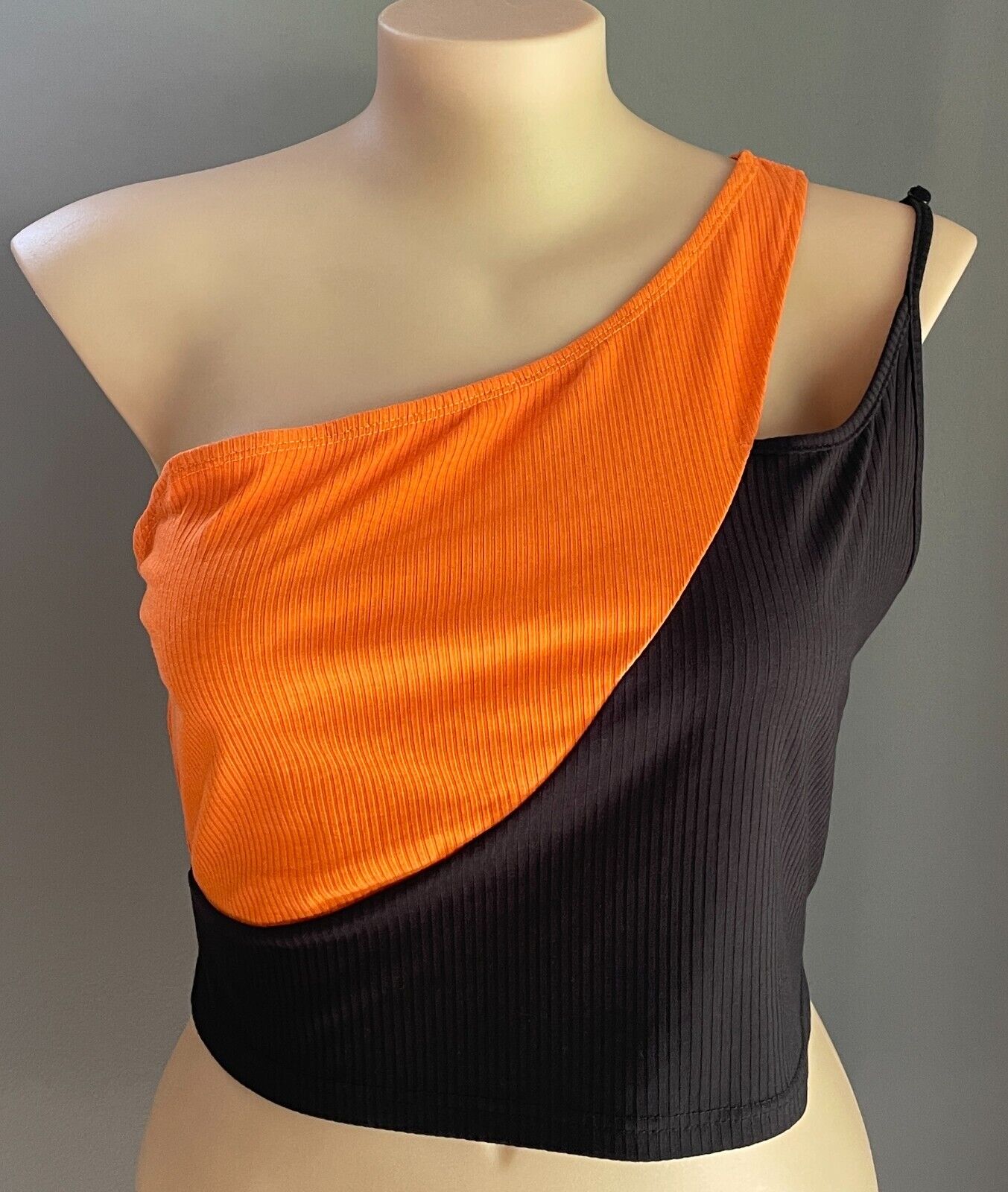 SHEIN CURVE Crop Top Orange & Black Ribbed Asymmetric Size 3XL 22 Stretch Fabric