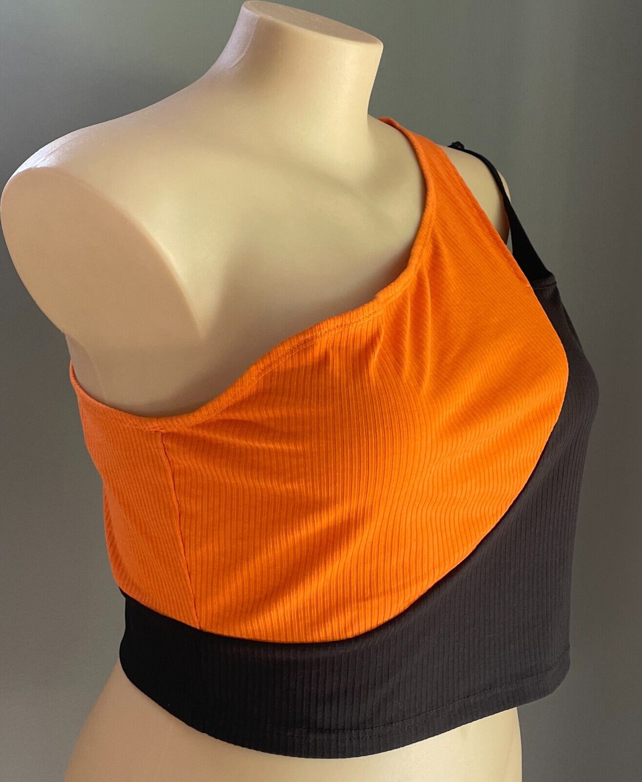SHEIN CURVE Crop Top Orange & Black Ribbed Asymmetric Size 3XL 22 Stretch Fabric