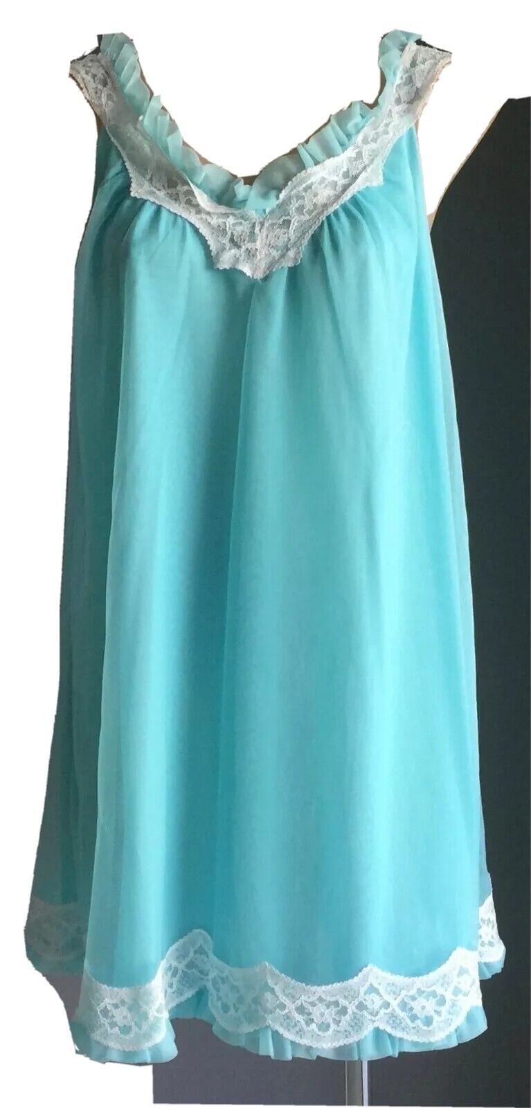 Bri Nylon Nightie Size 16 18 Blue Net & White Lace Sleeveless Vintage 1960s