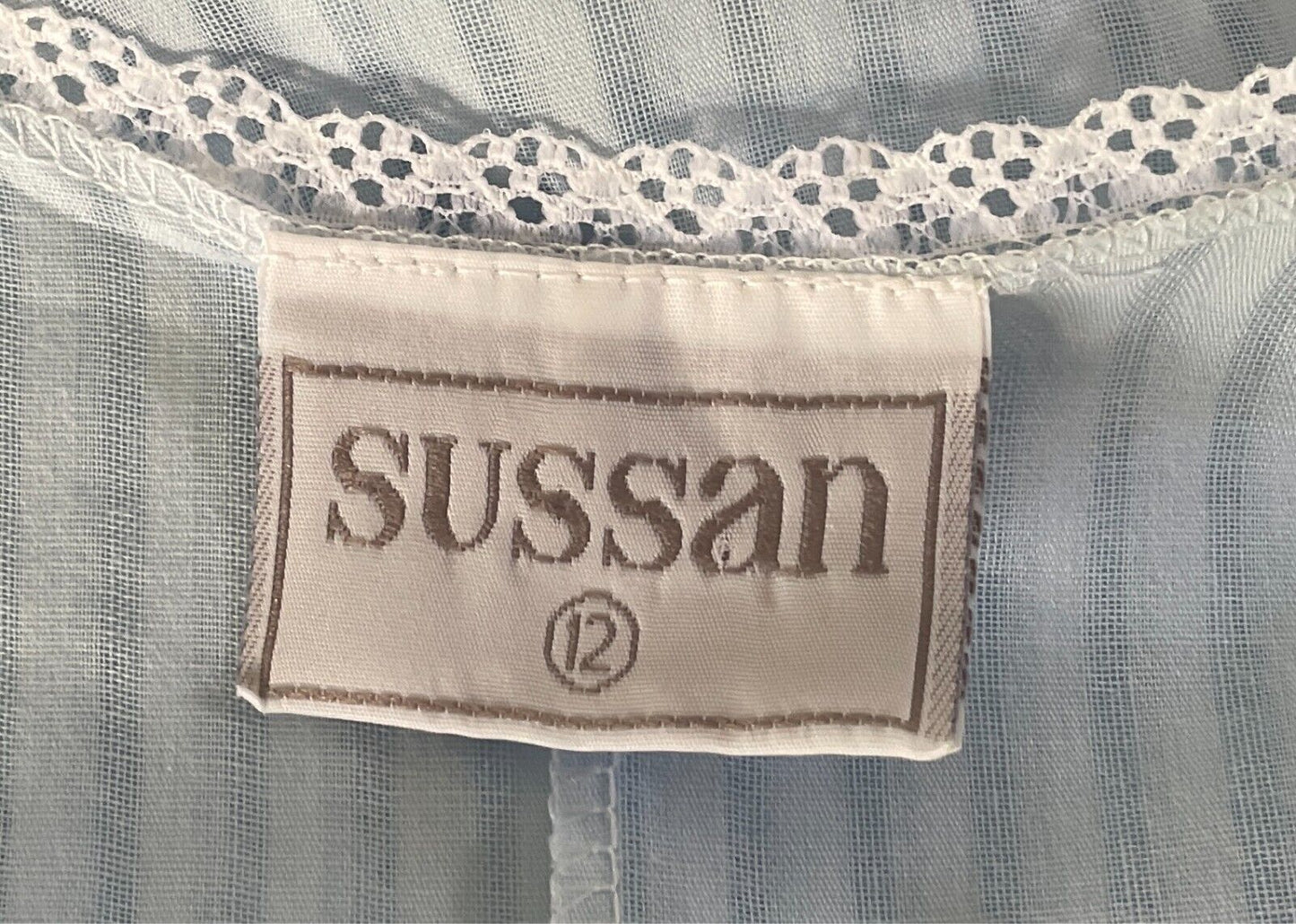 SUSSAN Nightie Vintage Light Blue Size 12 Cotton Blend Lace Trim Tie Back Waist