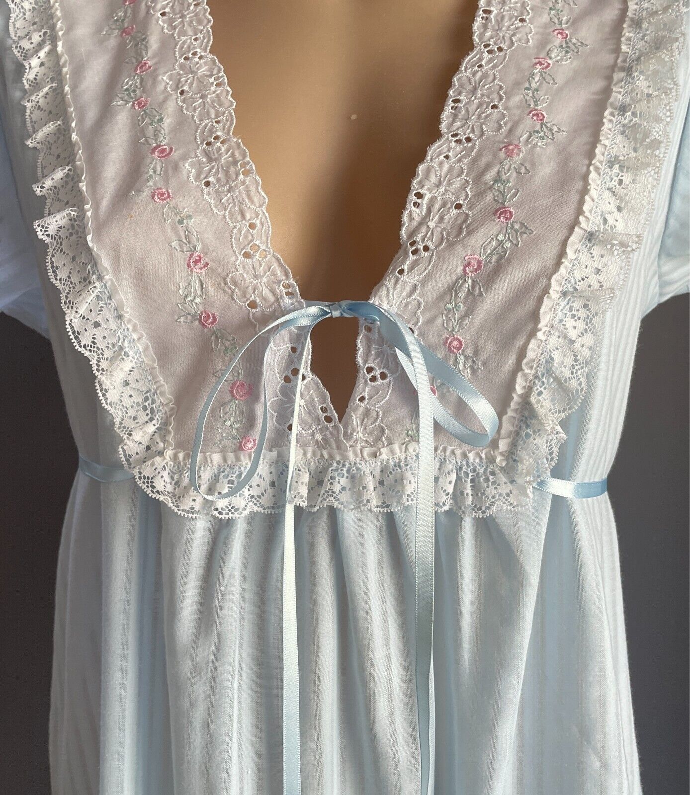 SUSSAN Nightie Vintage Light Blue Size 12 Cotton Blend Lace Trim Tie Back Waist