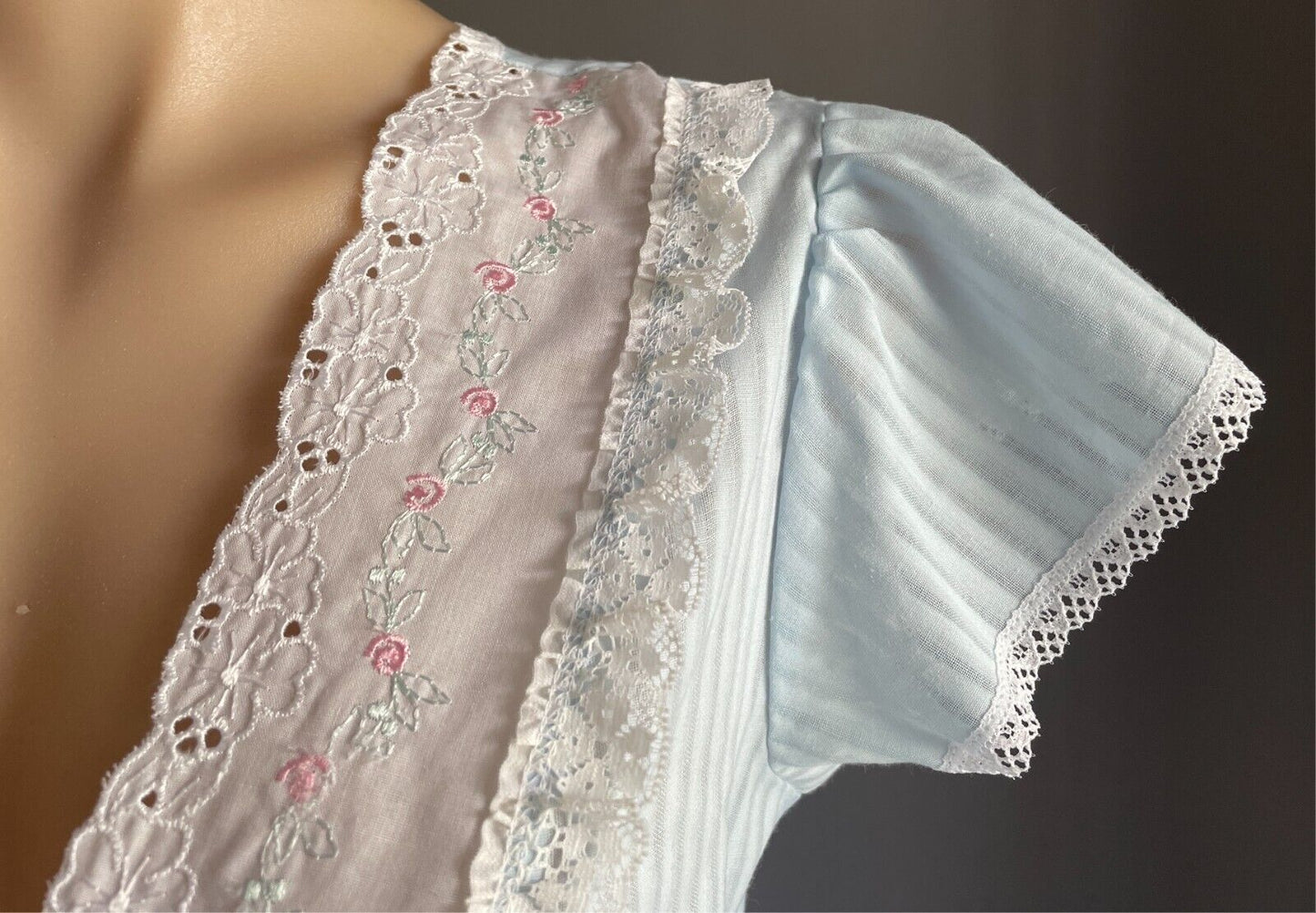 SUSSAN Nightie Vintage Light Blue Size 12 Cotton Blend Lace Trim Tie Back Waist