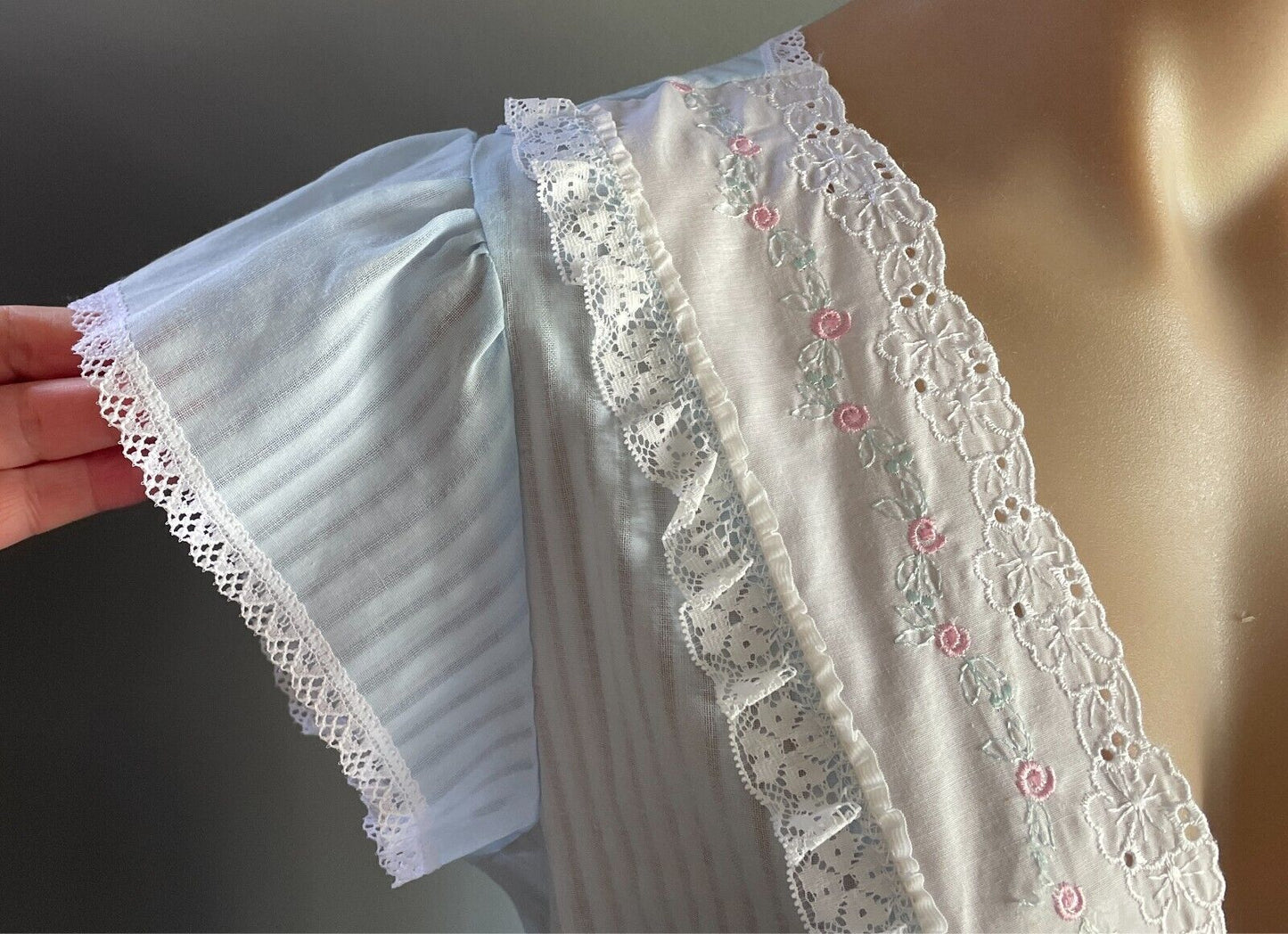 SUSSAN Nightie Vintage Light Blue Size 12 Cotton Blend Lace Trim Tie Back Waist