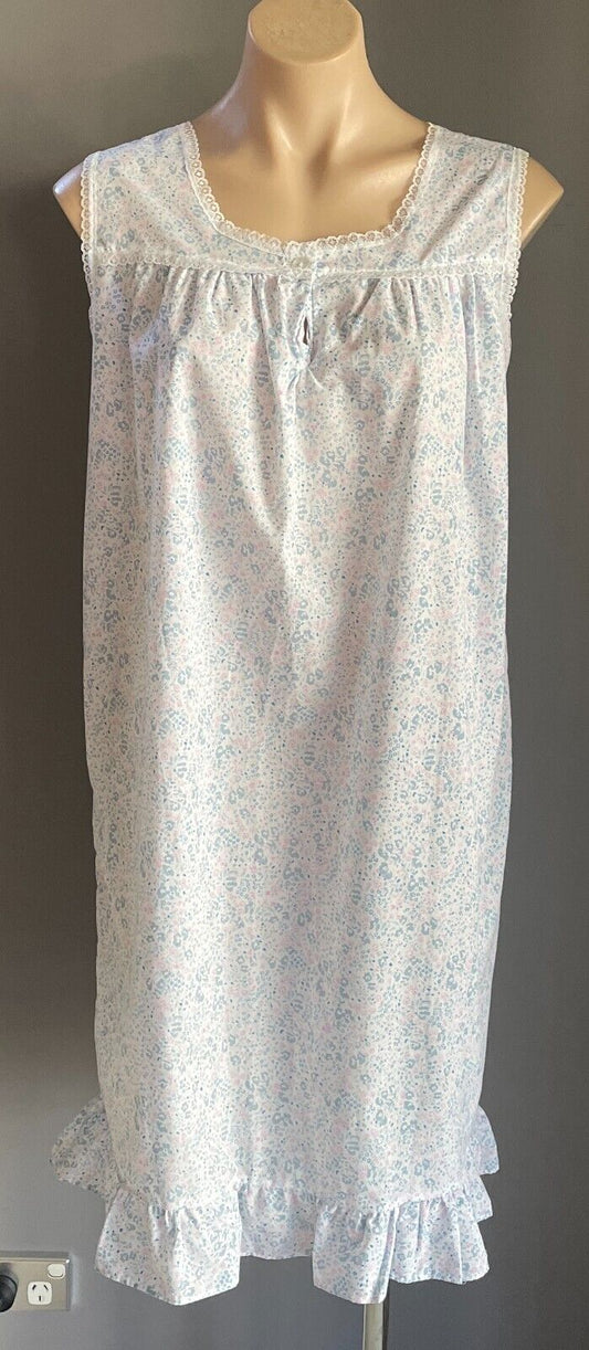 ANOTHER GLANCE Vintage Nightie Blue Pink White Floral Size 10 - 12 Sleeveless