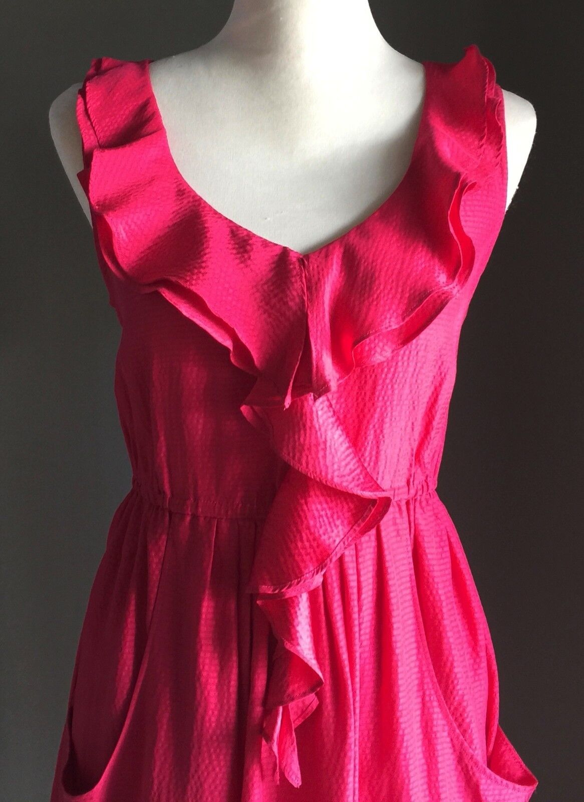 SUSSAN Silk Dress Ruffle Neck Knee Length Fuchsia Pink Ladies Size 12 NEW