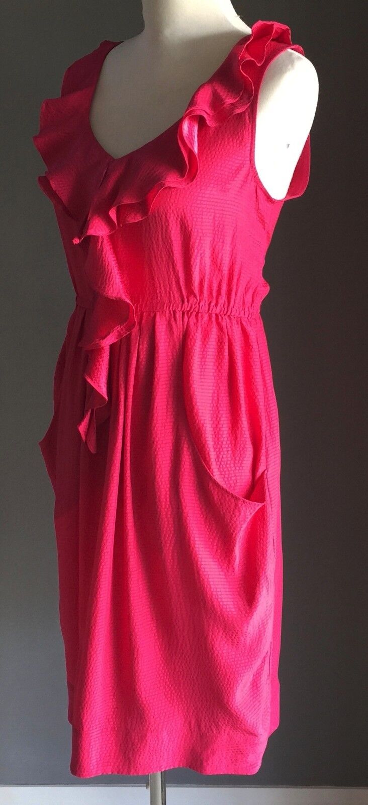 SUSSAN Silk Dress Ruffle Neck Knee Length Fuchsia Pink Ladies Size 12 NEW