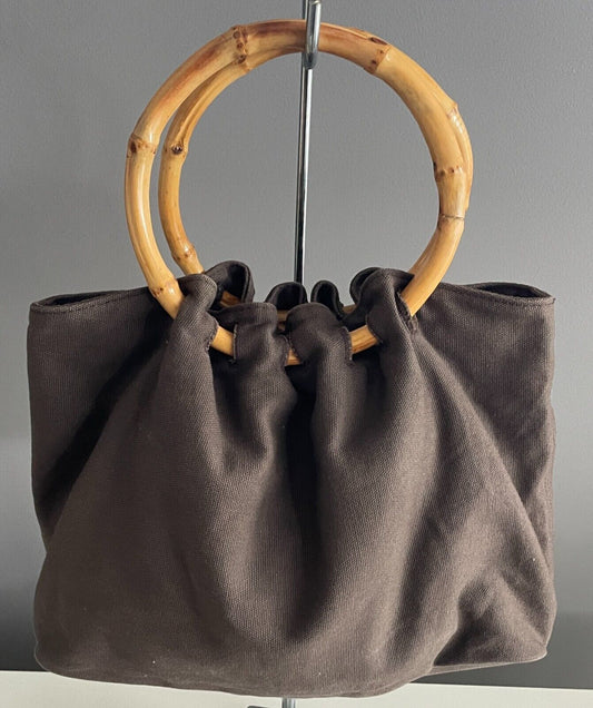 SUSSAN Bag Brown Cotton Cane Handles Medium Size Handbag Shopper Vintage
