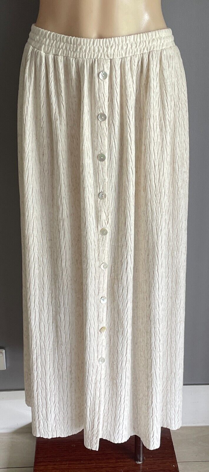 SUSSAN Maxi Skirt Oat Marle Textured Fabric Elastic Waist Button Front Size M 12