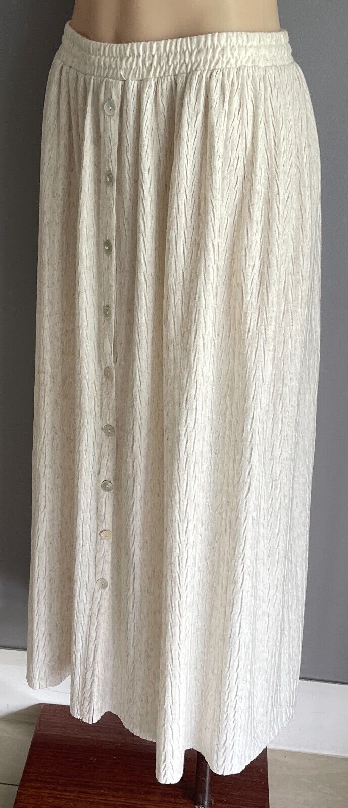 SUSSAN Maxi Skirt Oat Marle Textured Fabric Elastic Waist Button Front Size M 12