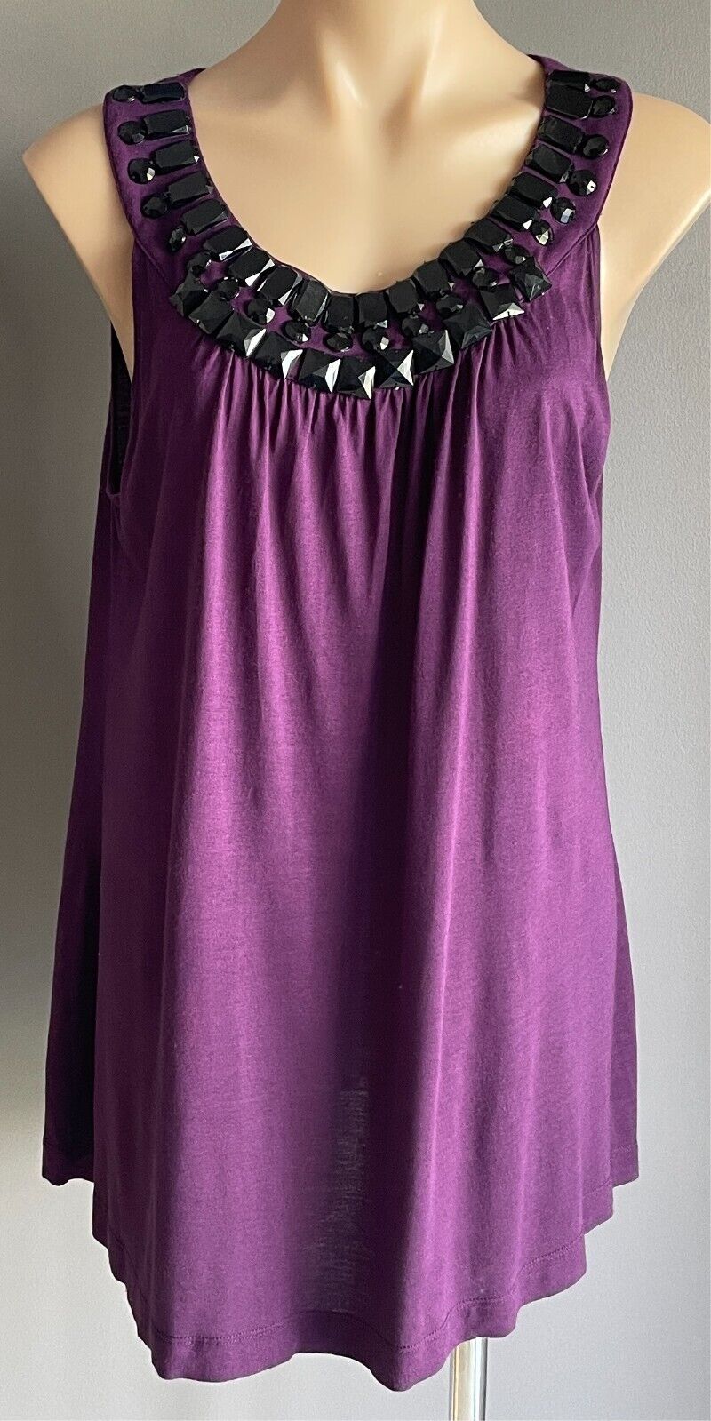 SUSSAN Top Purple & Black Cut Large Beaded Trim Sleeveless Tunic Size XL 12 14