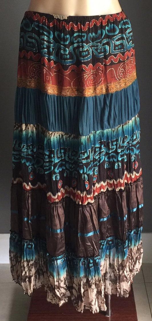 KATIES Maxi Skirt Bright Crinkle MultiColoured Tier Peasant Size 10 Vintage NEW