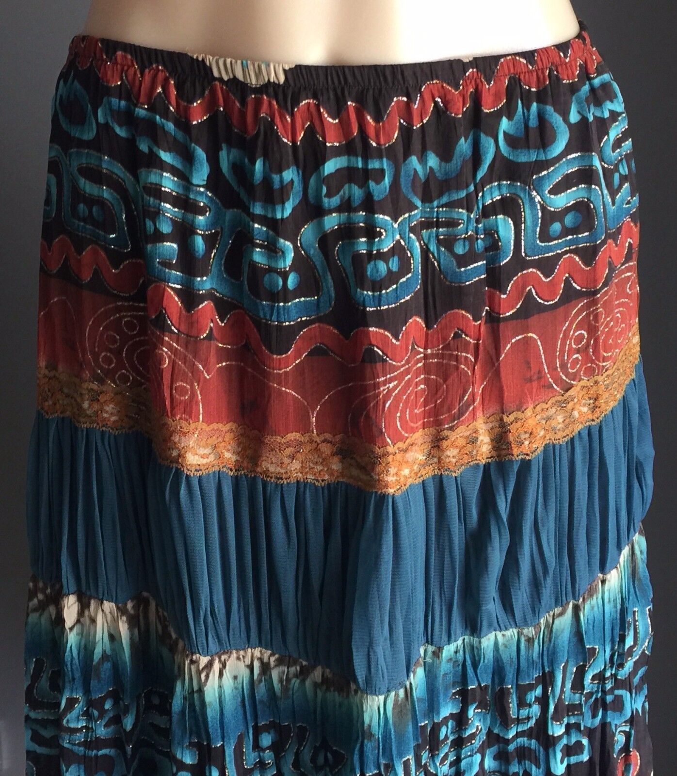 KATIES Maxi Skirt Bright Crinkle MultiColoured Tier Peasant Size 10 Vintage NEW