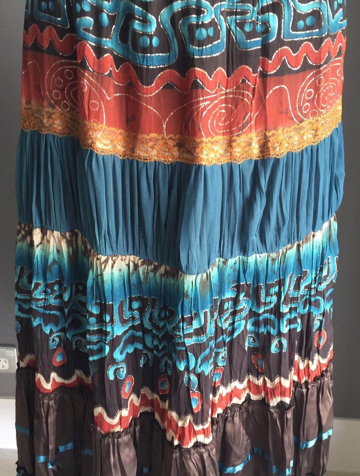 KATIES Maxi Skirt Bright Crinkle MultiColoured Tier Peasant Size 10 Vintage NEW