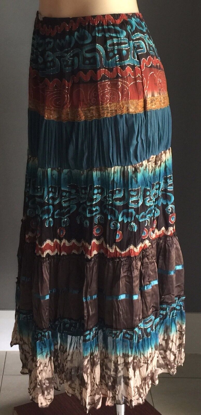 KATIES Maxi Skirt Bright Crinkle MultiColoured Tier Peasant Size 10 Vintage NEW
