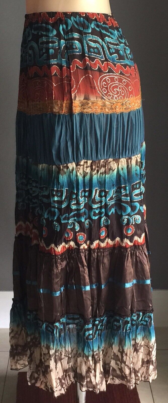 KATIES Maxi Skirt Bright Crinkle MultiColoured Tier Peasant Size 10 Vintage NEW