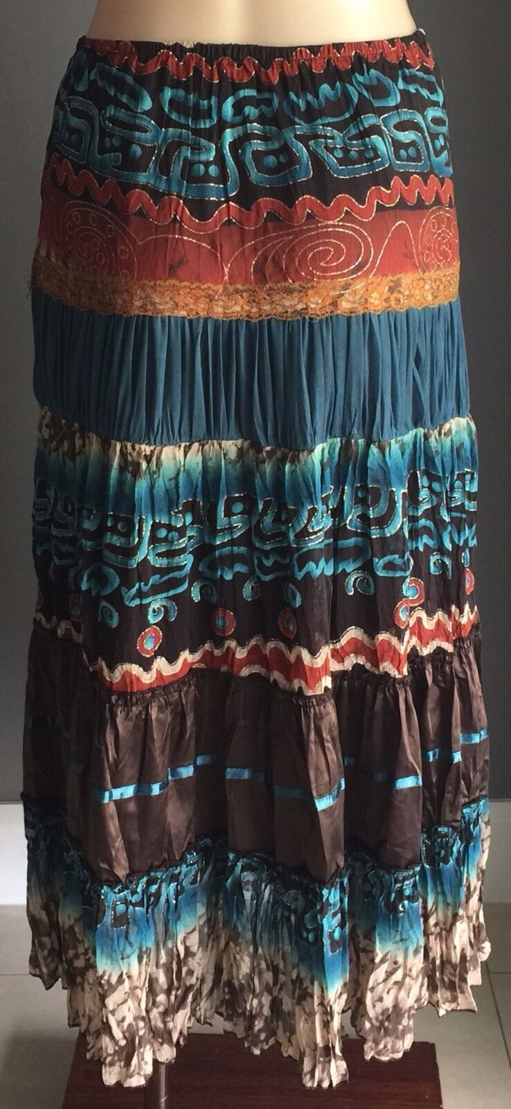KATIES Maxi Skirt Bright Crinkle MultiColoured Tier Peasant Size 10 Vintage NEW