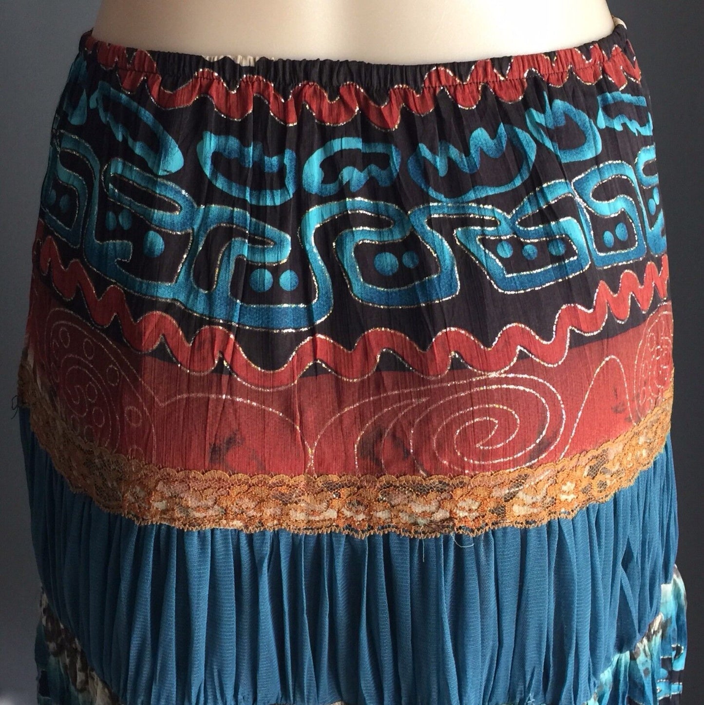 KATIES Maxi Skirt Bright Crinkle MultiColoured Tier Peasant Size 10 Vintage NEW