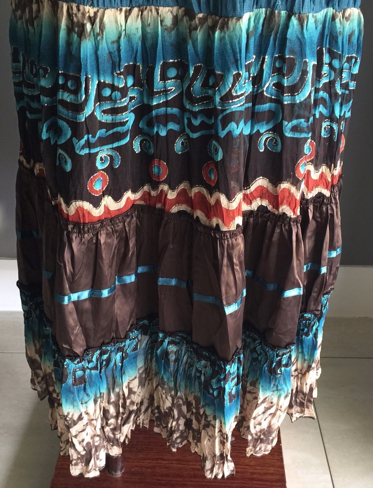 KATIES Maxi Skirt Bright Crinkle MultiColoured Tier Peasant Size 10 Vintage NEW