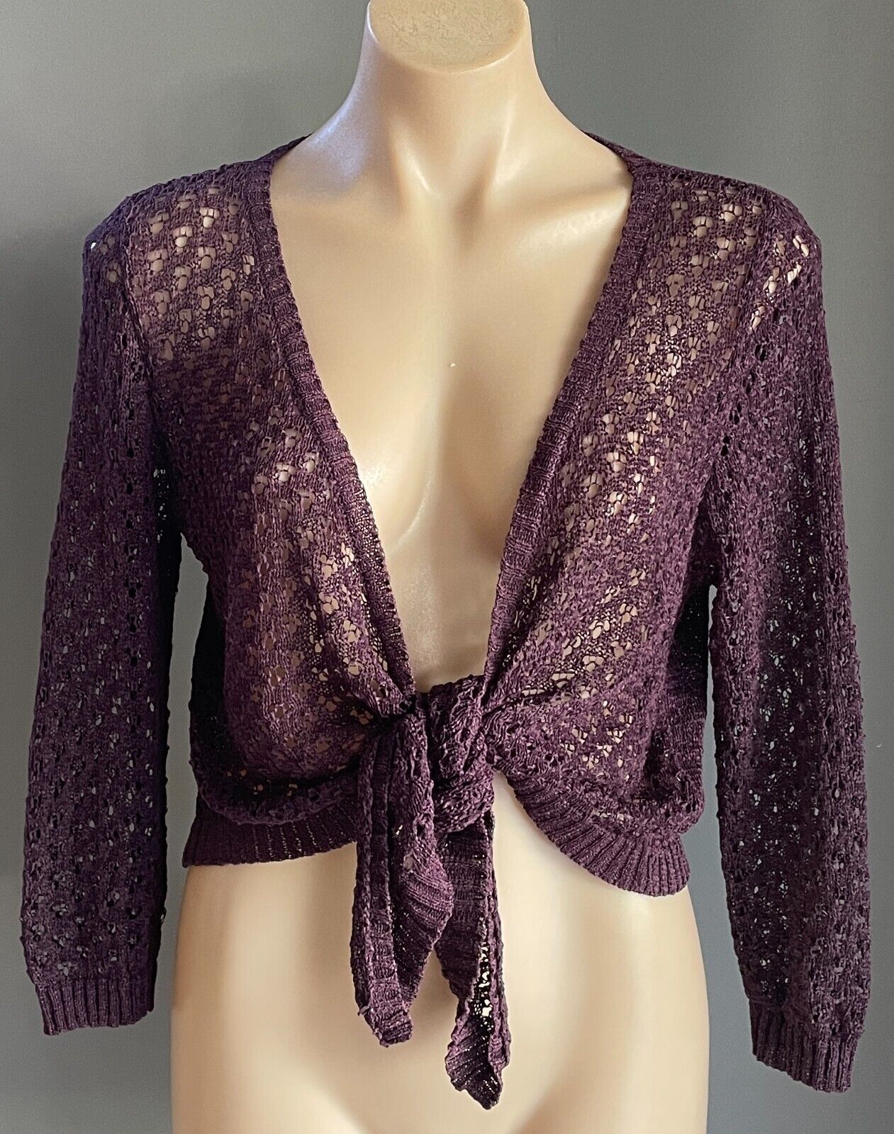 KATIES  Tie Front Cardigan Plum Colour Decorative Knit 3/4 Sleeve Size M 12