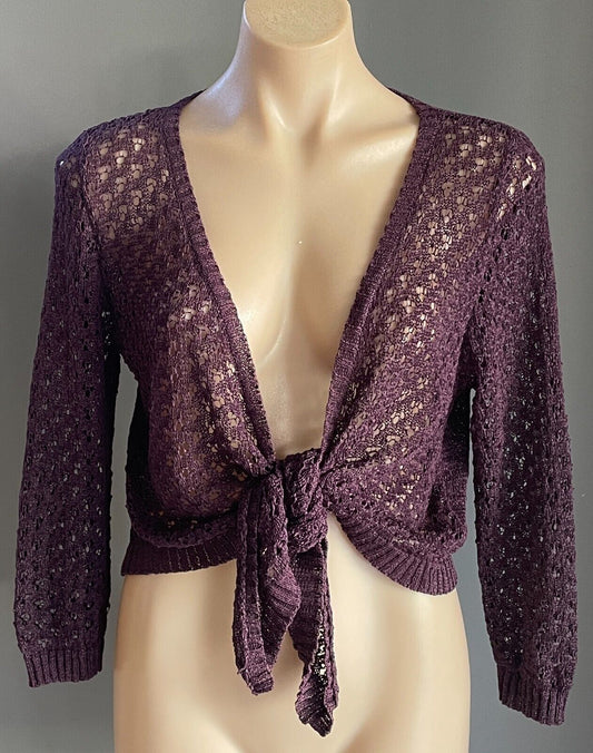 KATIES  Tie Front Cardigan Plum Colour Decorative Knit 3/4 Sleeve Size M 12
