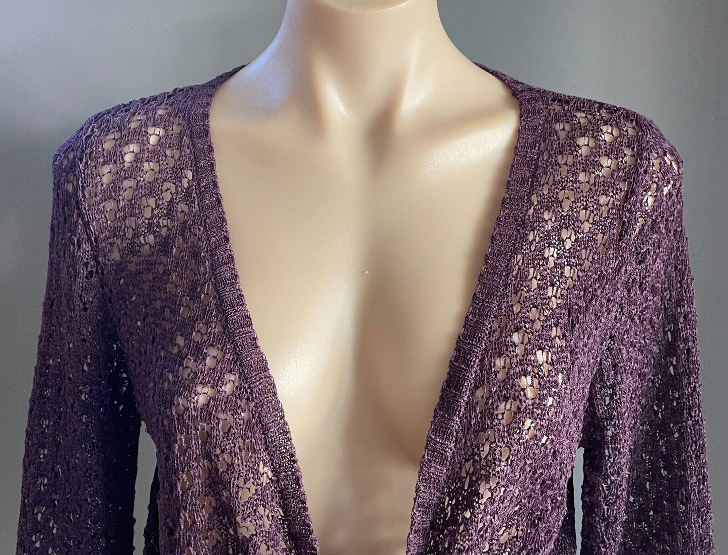 KATIES  Tie Front Cardigan Plum Colour Decorative Knit 3/4 Sleeve Size M 12