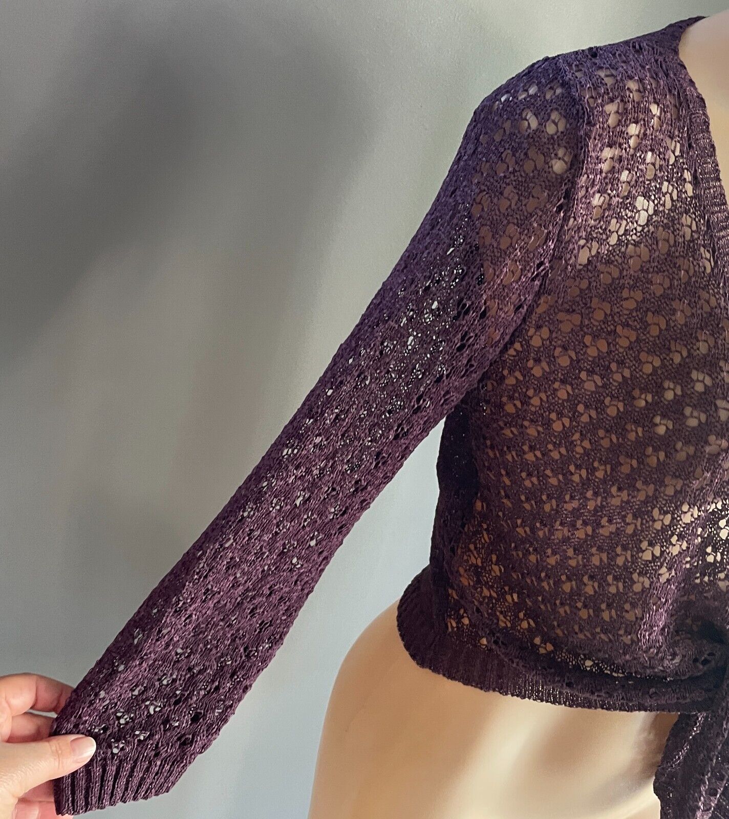 KATIES  Tie Front Cardigan Plum Colour Decorative Knit 3/4 Sleeve Size M 12