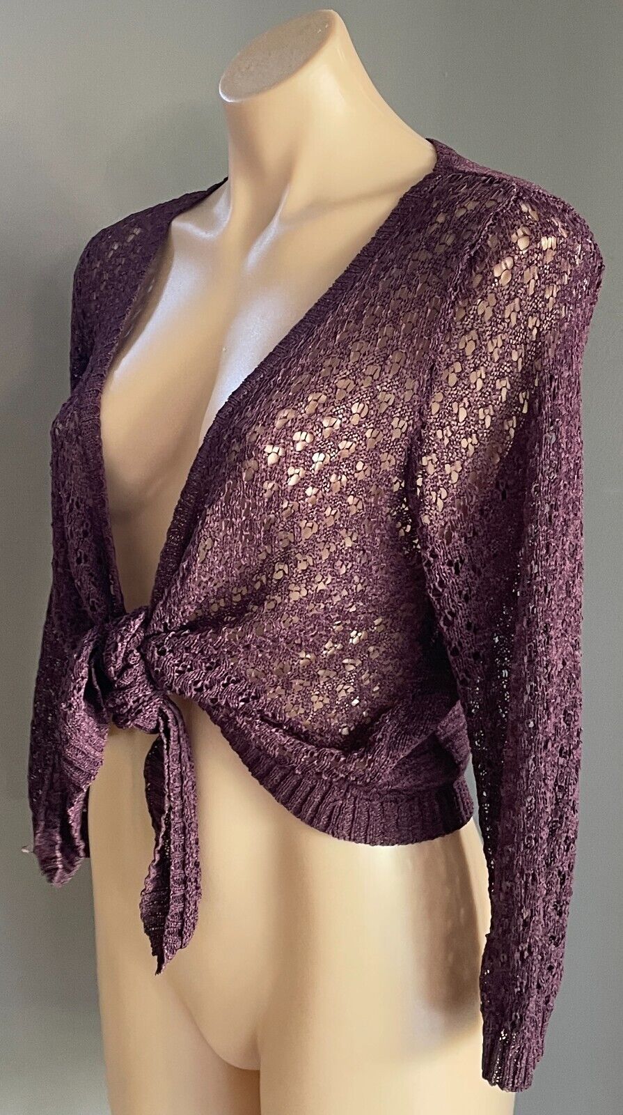 KATIES  Tie Front Cardigan Plum Colour Decorative Knit 3/4 Sleeve Size M 12